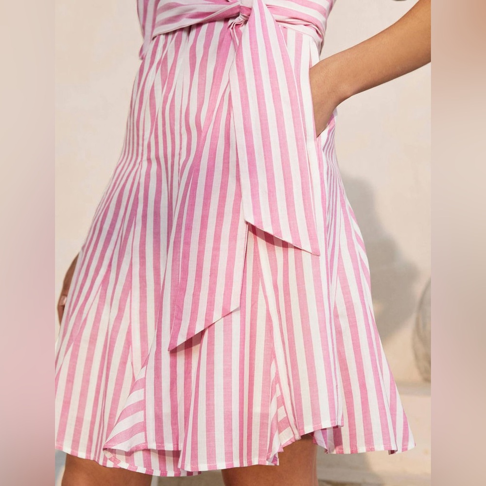 BODEN Puff Sleeve Cotton Pink White Striped Dress Button Down Ruffle Hem SZ 2 - Picture 8 of 16